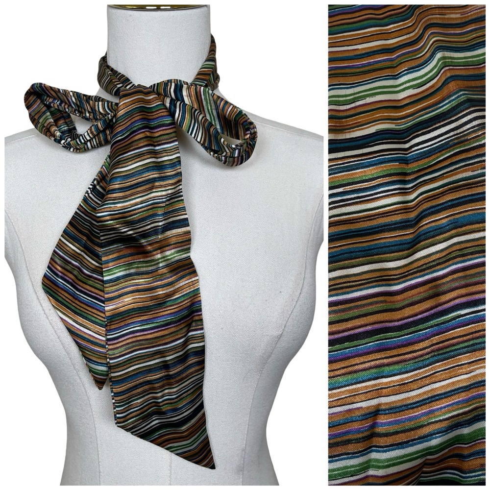 Vintage Multicolored Striped Silk Scarf Neck Hair‎ Tie Earth Tones Mod Retro